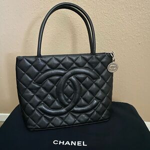 CHANEL Black with Silver Medallion Tote Bag